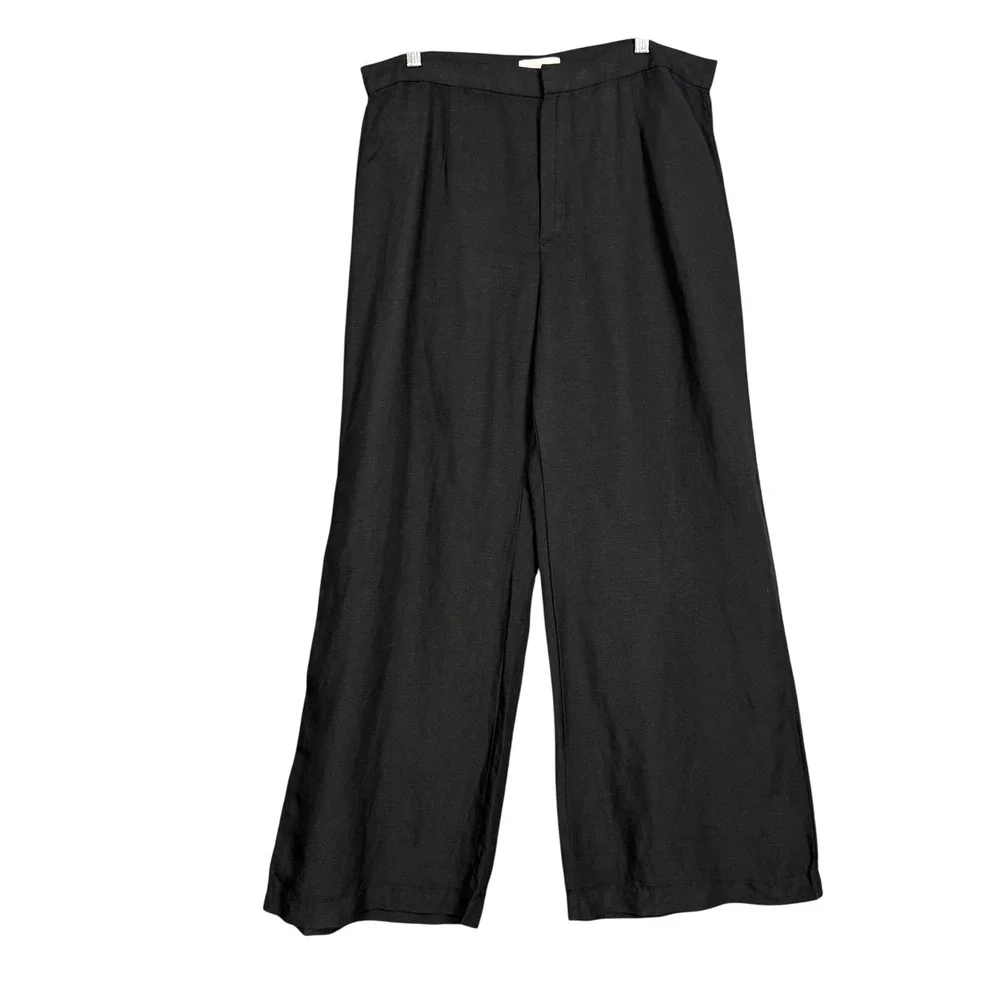 H&M Pants Women 14 Black Linen Blend Wide Leg Pleated Trousers High Rise‎ Beach
